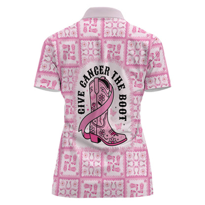 Give Cancer The Boot Pink Cowgirl Women Polo Shirt Hawaiian Paniolo Mixed Quilt Pattern Style