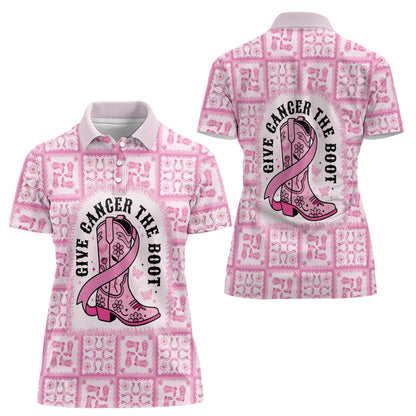 Give Cancer The Boot Pink Cowgirl Women Polo Shirt Hawaiian Paniolo Mixed Quilt Pattern Style
