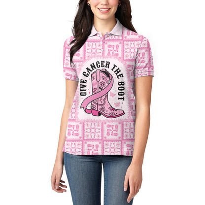 Give Cancer The Boot Pink Cowgirl Women Polo Shirt Hawaiian Paniolo Mixed Quilt Pattern Style