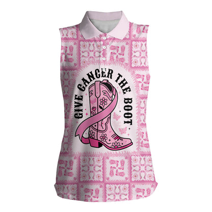 Give Cancer The Boot Pink Cowgirl Women Sleeveless Polo Shirt Hawaiian Paniolo Mixed Quilt Pattern Style
