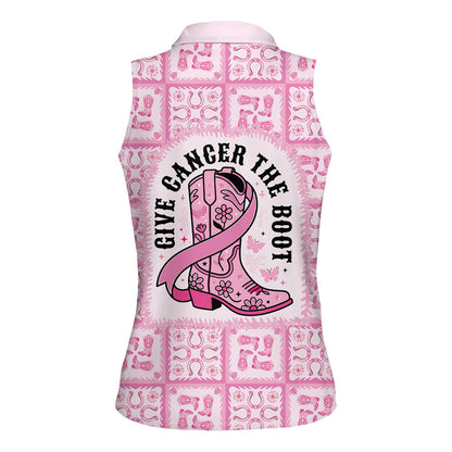 Give Cancer The Boot Pink Cowgirl Women Sleeveless Polo Shirt Hawaiian Paniolo Mixed Quilt Pattern Style