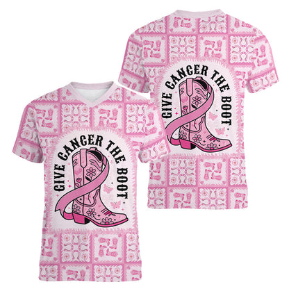 Give Cancer The Boot Pink Cowgirl Women V-Neck T-Shirt Hawaiian Paniolo Mixed Quilt Pattern Style