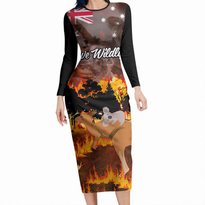 Save Wildlife Australia Long Sleeve Bodycon Dress Australia Bushfire Recovery Wildlife Support