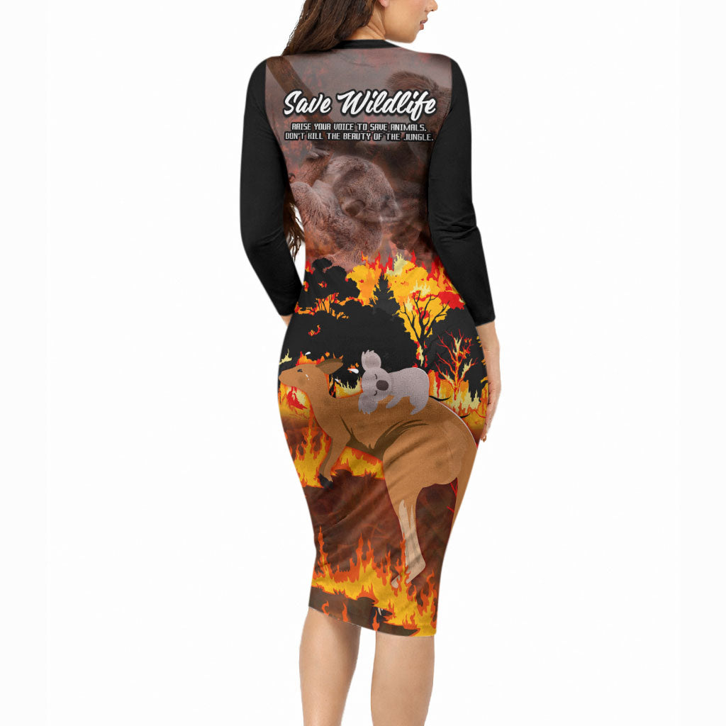Save Wildlife Australia Long Sleeve Bodycon Dress Australia Bushfire Recovery Wildlife Support