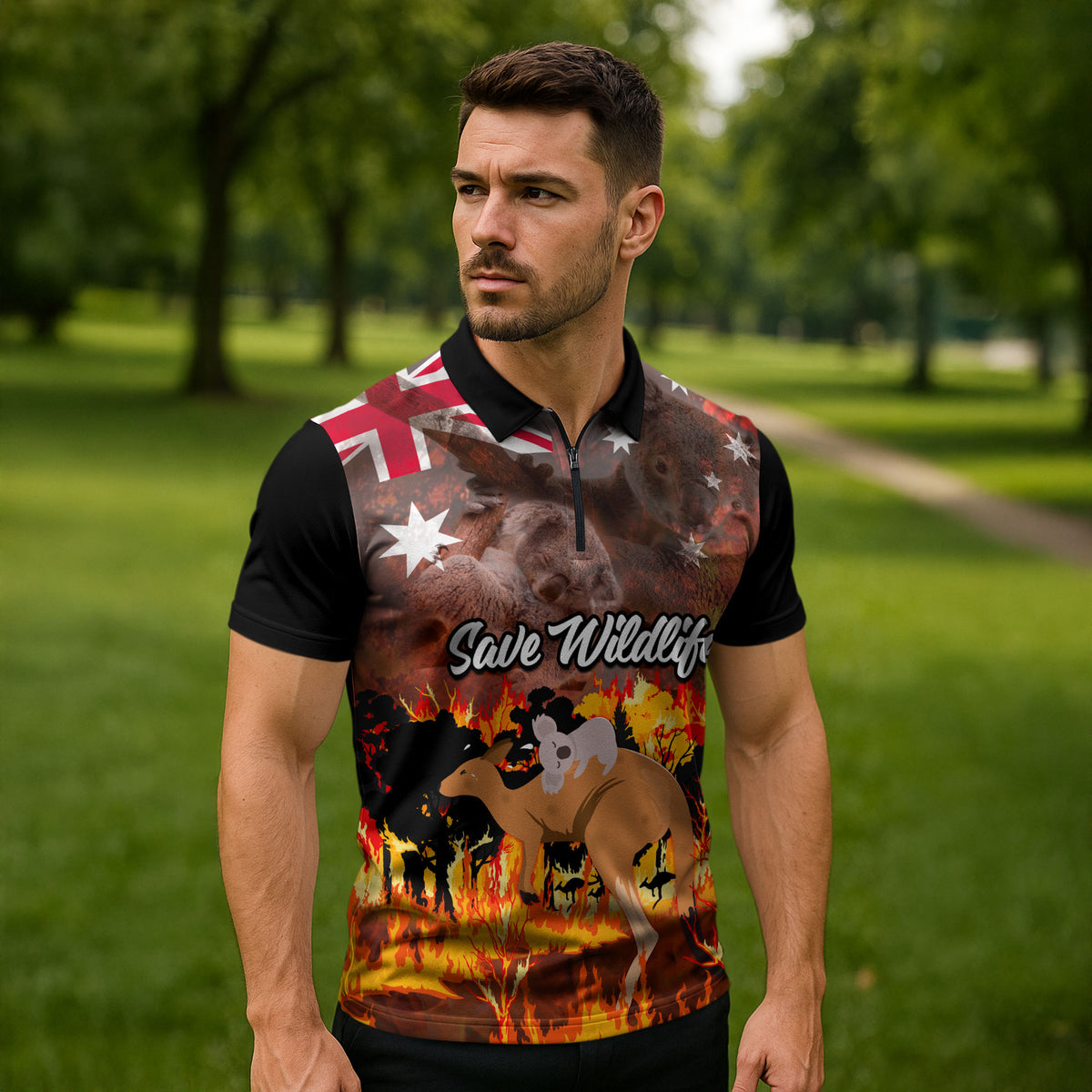 Save Wildlife Australia Zipper Polo Shirt Australia Bushfire Recovery Wildlife Support