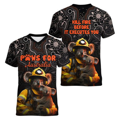 Paws For Australia Women V-Neck T-Shirt Bushfire Wildlife Support Indigenous Aboriginal