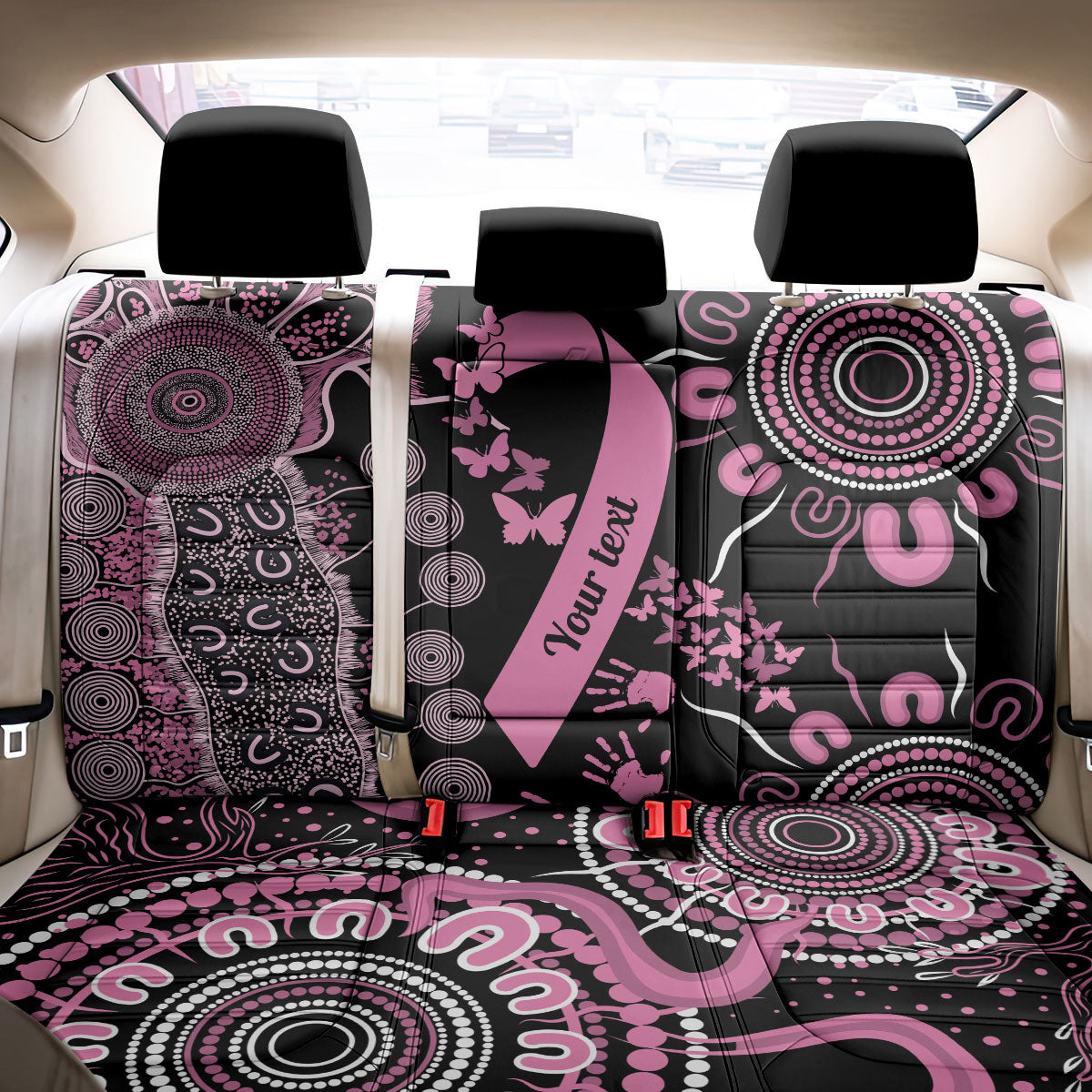 Personalised Aboriginal Pink Ribbons Back Car Seat Cover Beautiful Butterflies Breast Cancer Support
