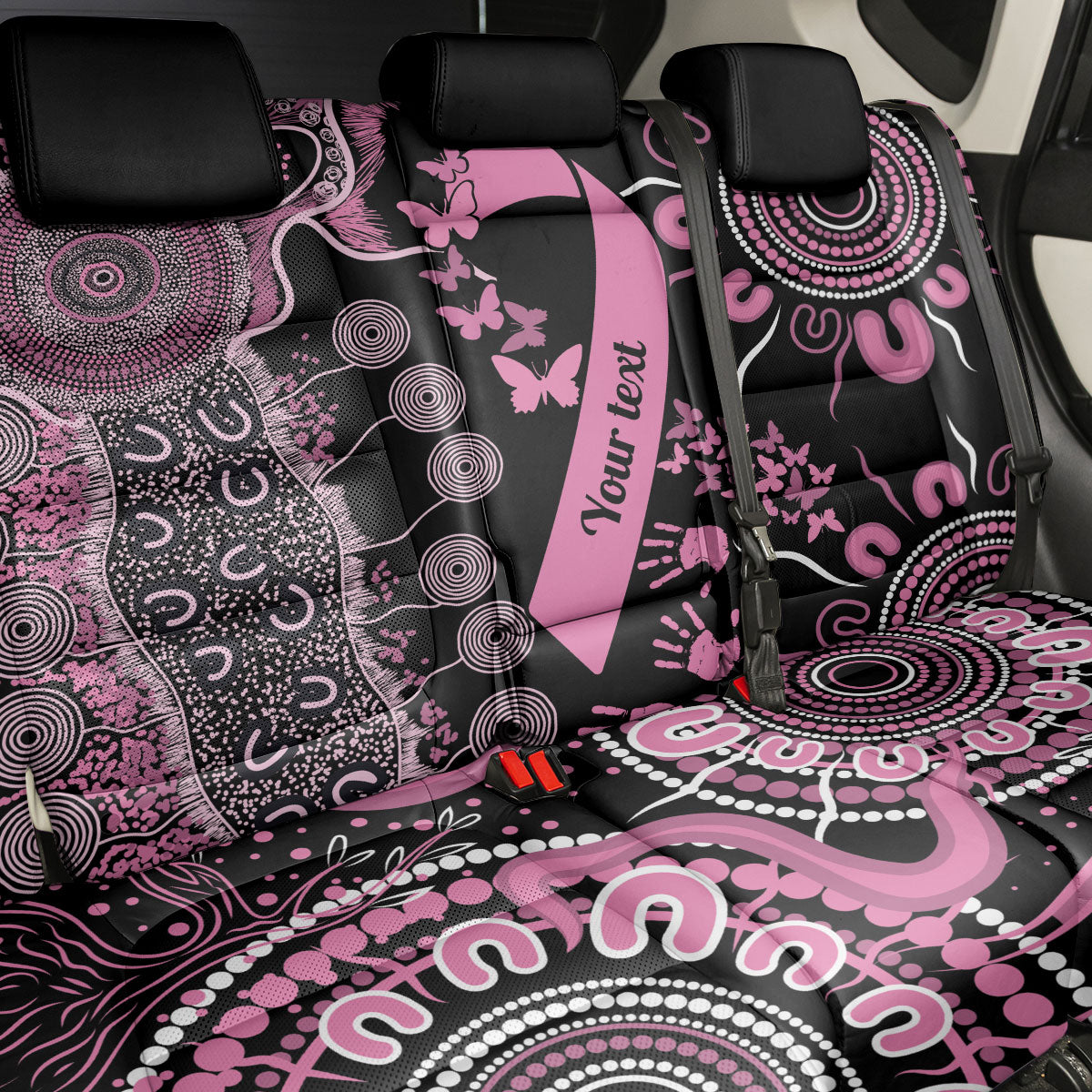 Personalised Aboriginal Pink Ribbons Back Car Seat Cover Beautiful Butterflies Breast Cancer Support