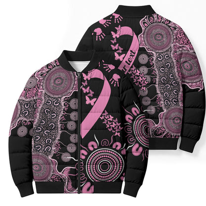 Personalised Aboriginal Pink Ribbons Bomber Puffer Jacket Beautiful Butterflies Breast Cancer Support