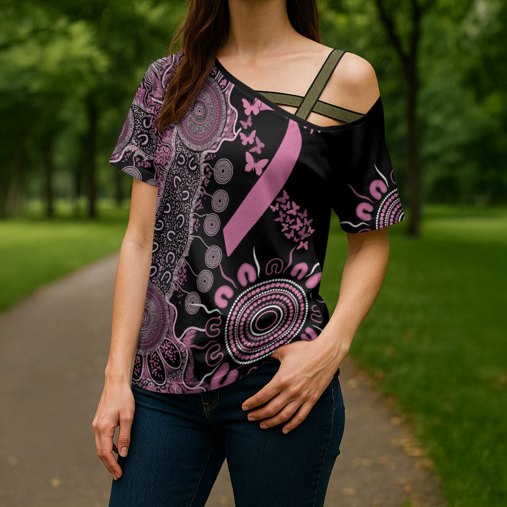 Personalised Aboriginal Pink Ribbons Cross Shoulder Shirt Beautiful Butterflies Breast Cancer Support