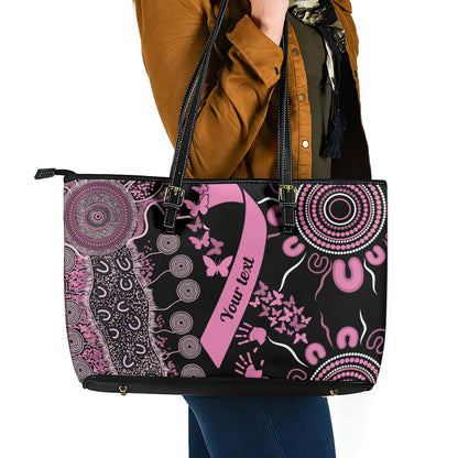 Personalised Aboriginal Pink Ribbons Leather Tote Bag Beautiful Butterflies Breast Cancer Support