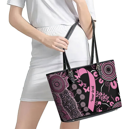 Personalised Aboriginal Pink Ribbons Leather Tote Bag Beautiful Butterflies Breast Cancer Support