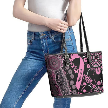 Personalised Aboriginal Pink Ribbons Leather Tote Bag Beautiful Butterflies Breast Cancer Support