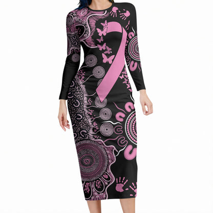 Personalised Aboriginal Pink Ribbons Long Sleeve Bodycon Dress Beautiful Butterflies Breast Cancer Support