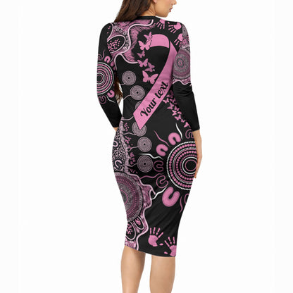 Personalised Aboriginal Pink Ribbons Long Sleeve Bodycon Dress Beautiful Butterflies Breast Cancer Support