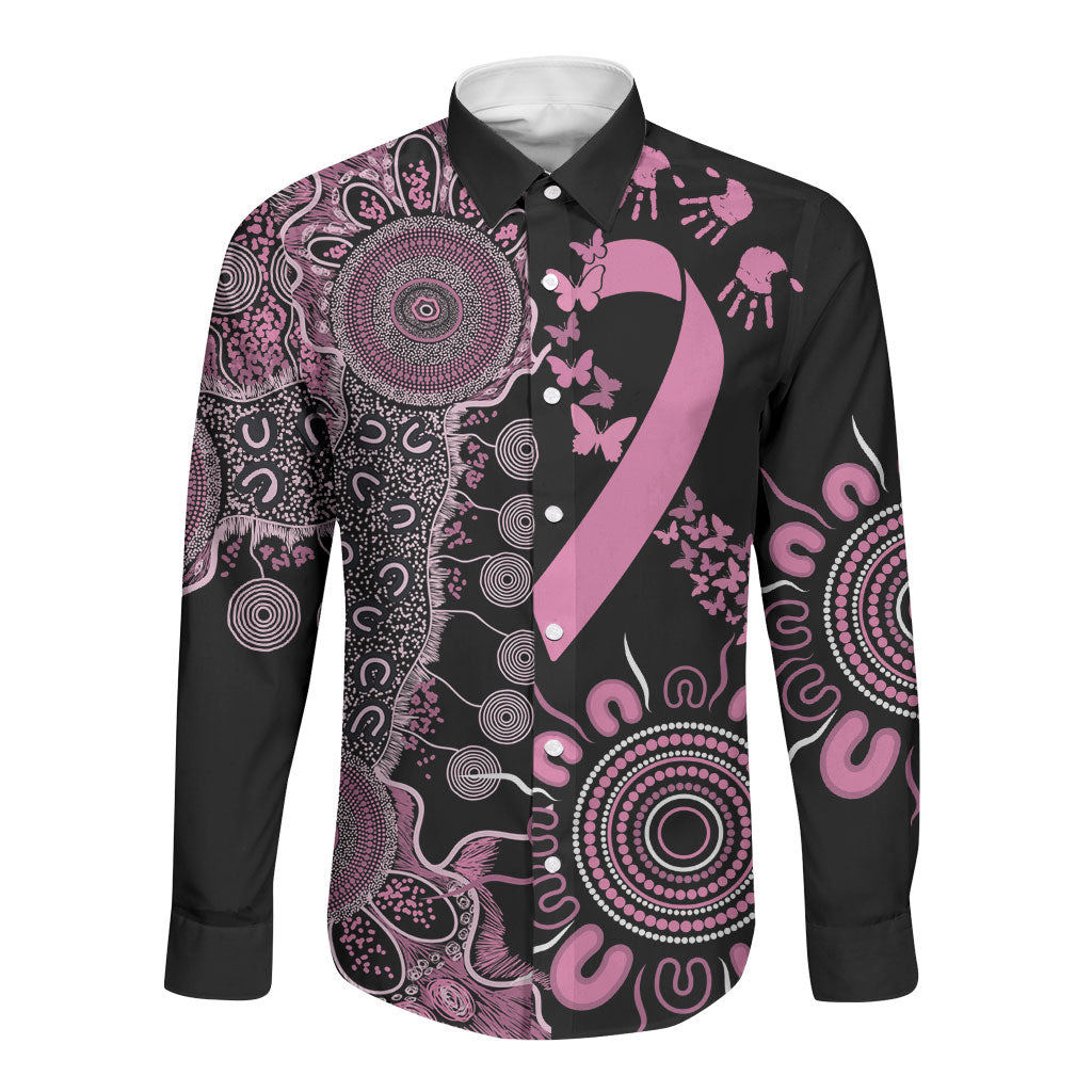 Personalised Aboriginal Pink Ribbons Long Sleeve Button Shirt Beautiful Butterflies Breast Cancer Support
