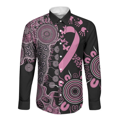 Personalised Aboriginal Pink Ribbons Long Sleeve Button Shirt Beautiful Butterflies Breast Cancer Support