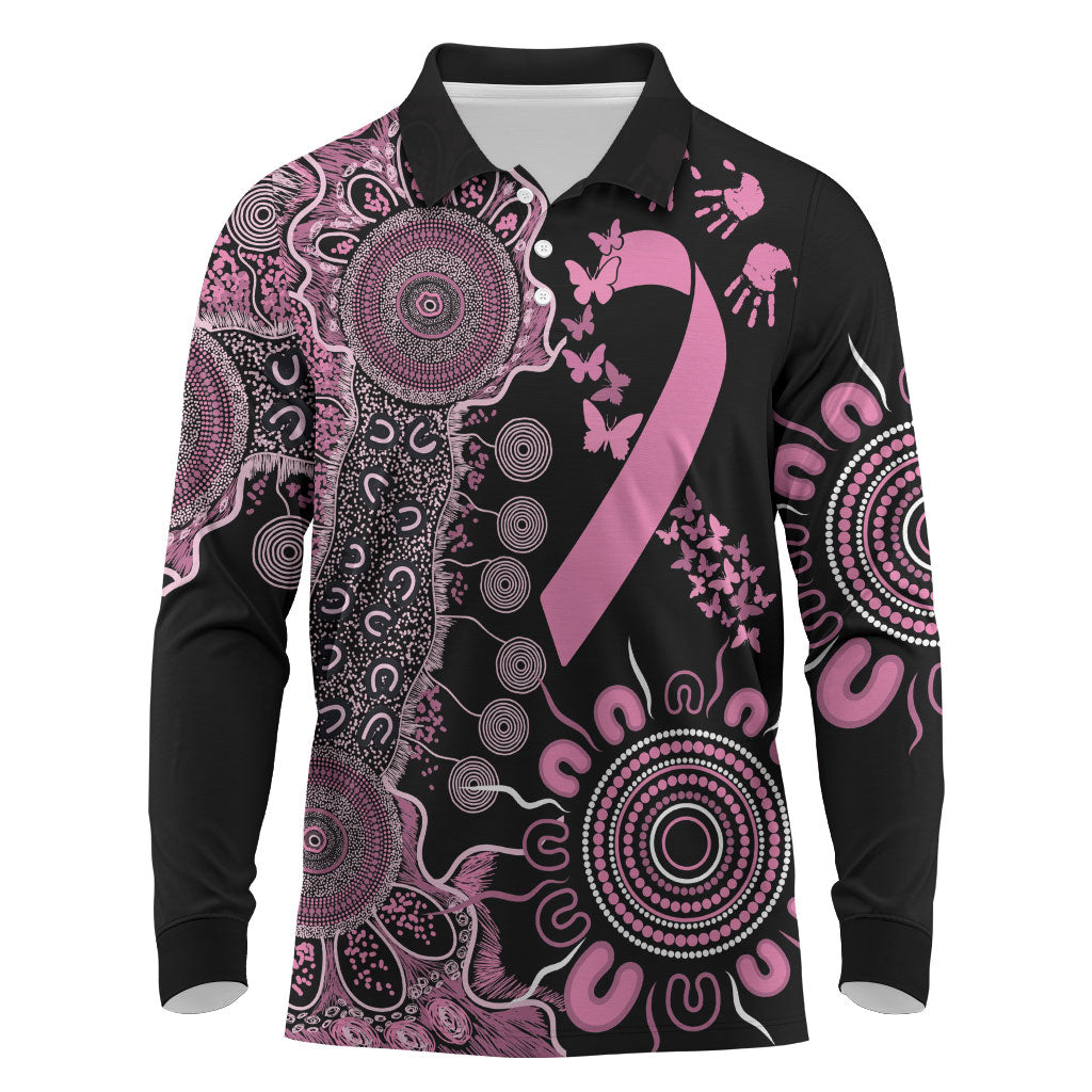 Personalised Aboriginal Pink Ribbons Long Sleeve Polo Shirt Beautiful Butterflies Breast Cancer Support