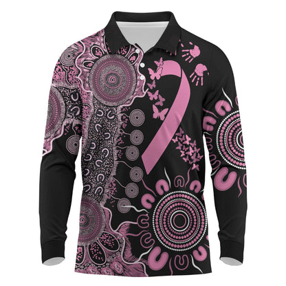 Personalised Aboriginal Pink Ribbons Long Sleeve Polo Shirt Beautiful Butterflies Breast Cancer Support