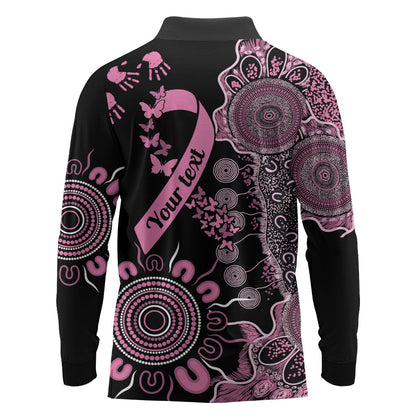 Personalised Aboriginal Pink Ribbons Long Sleeve Polo Shirt Beautiful Butterflies Breast Cancer Support