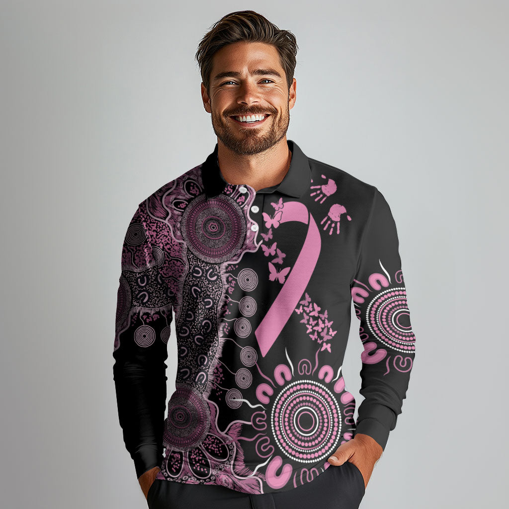 Personalised Aboriginal Pink Ribbons Long Sleeve Polo Shirt Beautiful Butterflies Breast Cancer Support