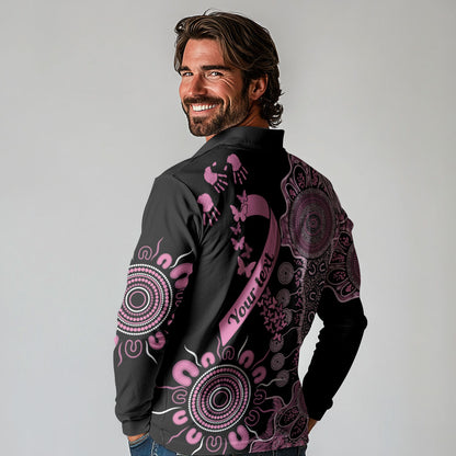 Personalised Aboriginal Pink Ribbons Long Sleeve Polo Shirt Beautiful Butterflies Breast Cancer Support