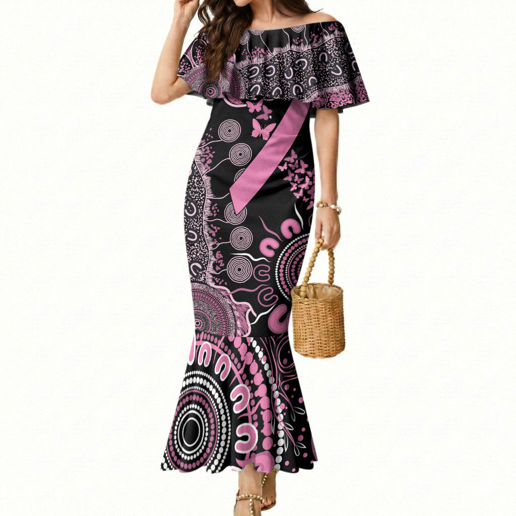 Personalised Aboriginal Pink Ribbons Mermaid Dress Beautiful Butterflies Breast Cancer Support