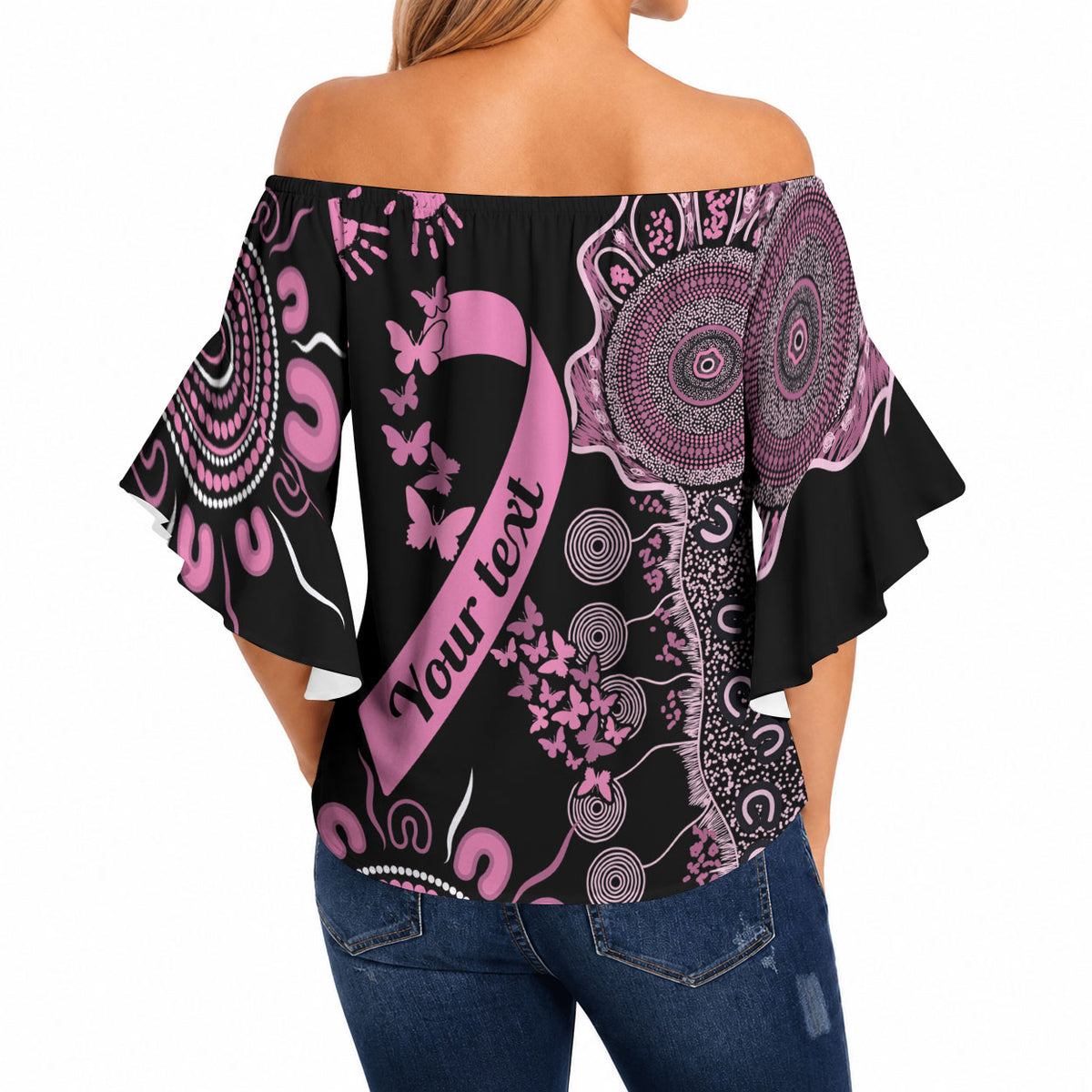 Personalised Aboriginal Pink Ribbons Off Shoulder Wrap Waist Top Beautiful Butterflies Breast Cancer Support