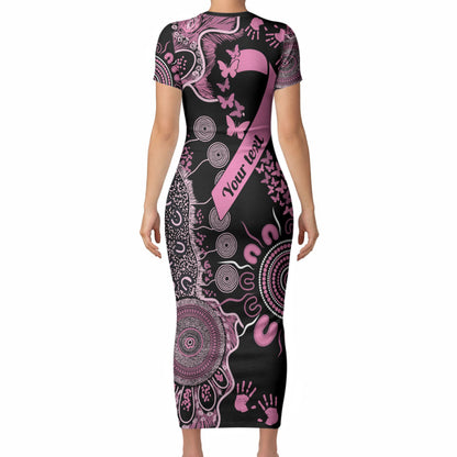 Personalised Aboriginal Pink Ribbons Short Sleeve Bodycon Dress Beautiful Butterflies Breast Cancer Support