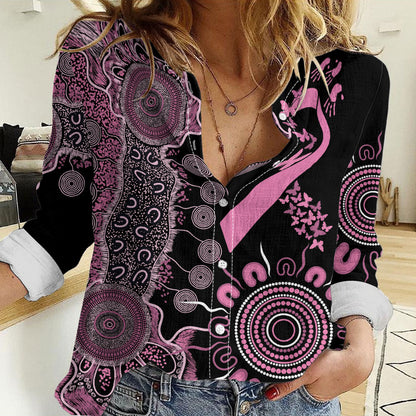 Personalised Aboriginal Pink Ribbons Women Casual Shirt Beautiful Butterflies Breast Cancer Support