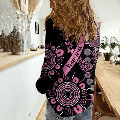 Personalised Aboriginal Pink Ribbons Women Casual Shirt Beautiful Butterflies Breast Cancer Support