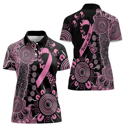 Personalised Aboriginal Pink Ribbons Women Polo Shirt Beautiful Butterflies Breast Cancer Support