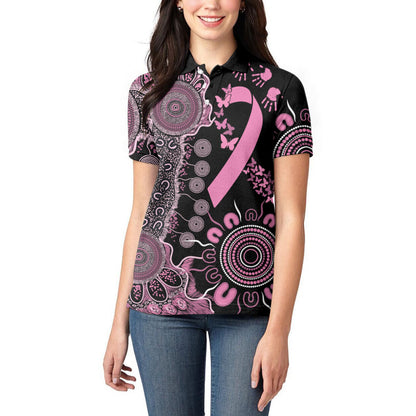 Personalised Aboriginal Pink Ribbons Women Polo Shirt Beautiful Butterflies Breast Cancer Support