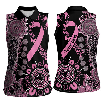 Personalised Aboriginal Pink Ribbons Women Sleeveless Polo Shirt Beautiful Butterflies Breast Cancer Support