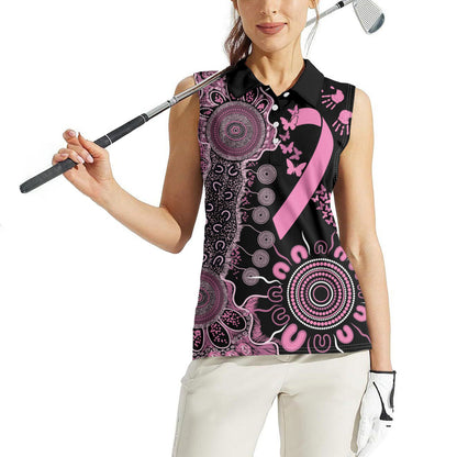 Personalised Aboriginal Pink Ribbons Women Sleeveless Polo Shirt Beautiful Butterflies Breast Cancer Support
