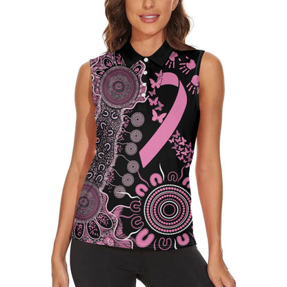 Personalised Aboriginal Pink Ribbons Women Sleeveless Polo Shirt Beautiful Butterflies Breast Cancer Support