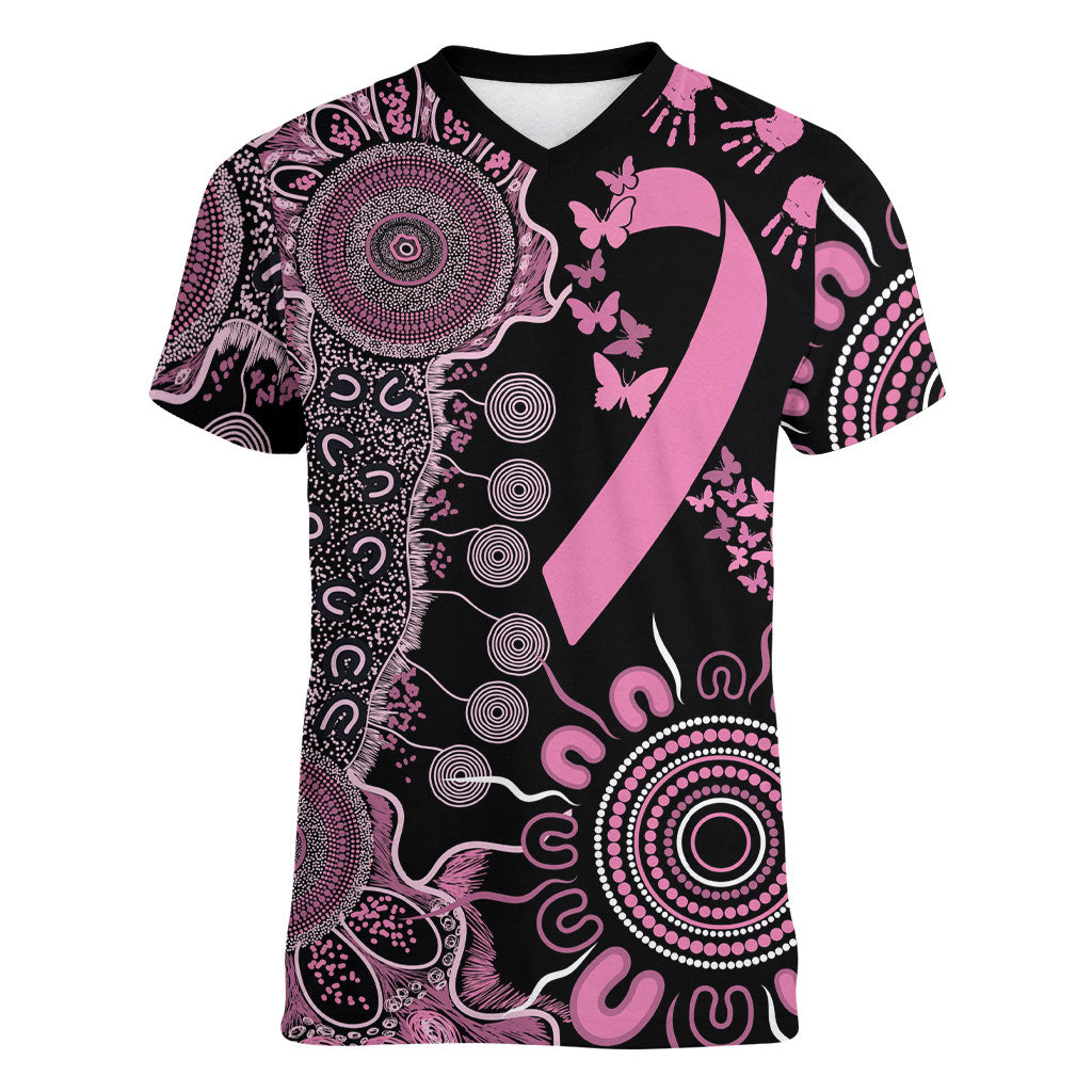 Personalised Aboriginal Pink Ribbons Women V-Neck T-Shirt Beautiful Butterflies Breast Cancer Support