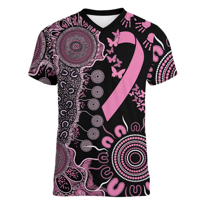 Personalised Aboriginal Pink Ribbons Women V-Neck T-Shirt Beautiful Butterflies Breast Cancer Support
