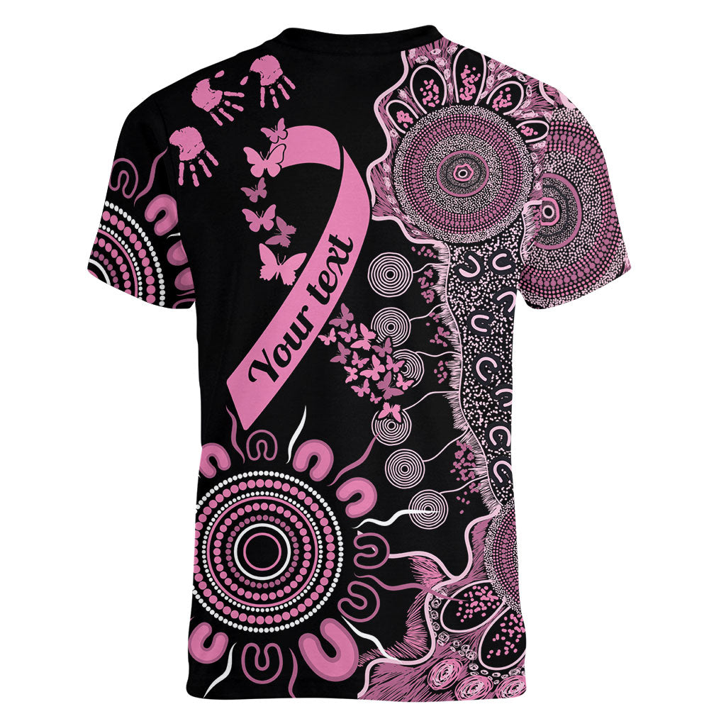 Personalised Aboriginal Pink Ribbons Women V-Neck T-Shirt Beautiful Butterflies Breast Cancer Support