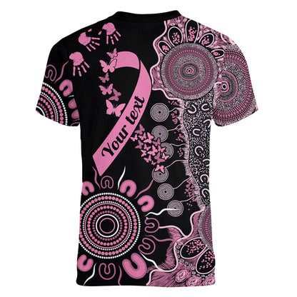 Personalised Aboriginal Pink Ribbons Women V-Neck T-Shirt Beautiful Butterflies Breast Cancer Support