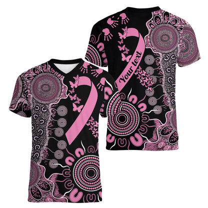 Personalised Aboriginal Pink Ribbons Women V-Neck T-Shirt Beautiful Butterflies Breast Cancer Support