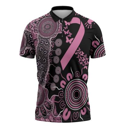 Personalised Aboriginal Pink Ribbons Zipper Polo Shirt Beautiful Butterflies Breast Cancer Support