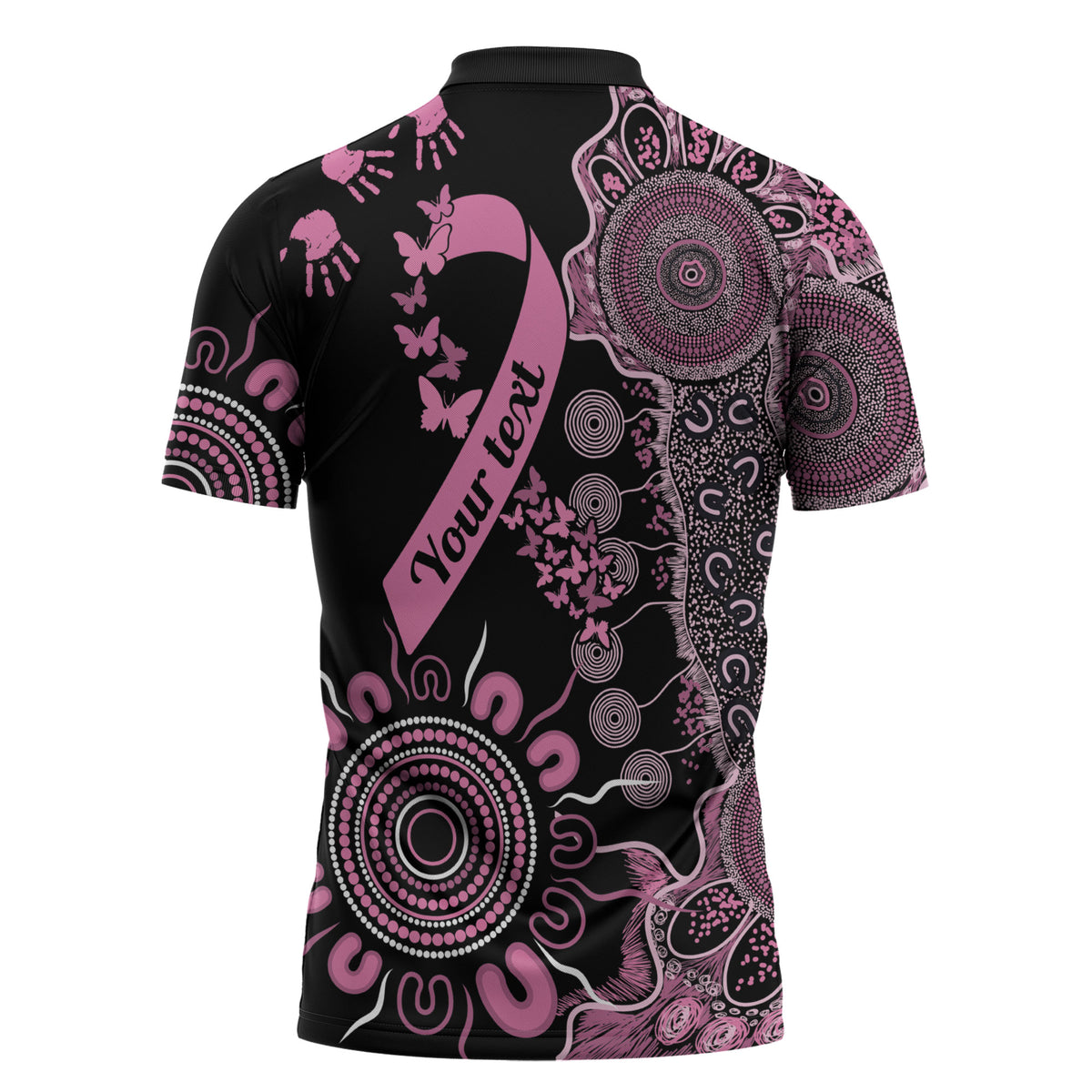 Personalised Aboriginal Pink Ribbons Zipper Polo Shirt Beautiful Butterflies Breast Cancer Support