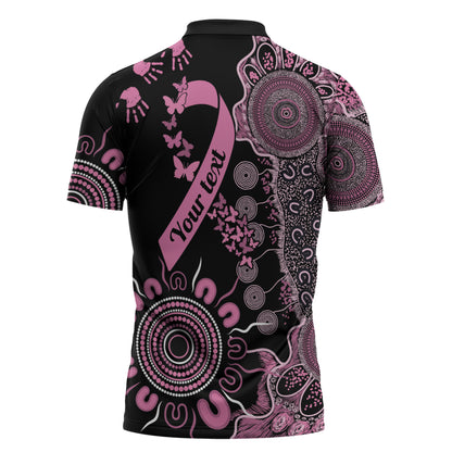 Personalised Aboriginal Pink Ribbons Zipper Polo Shirt Beautiful Butterflies Breast Cancer Support