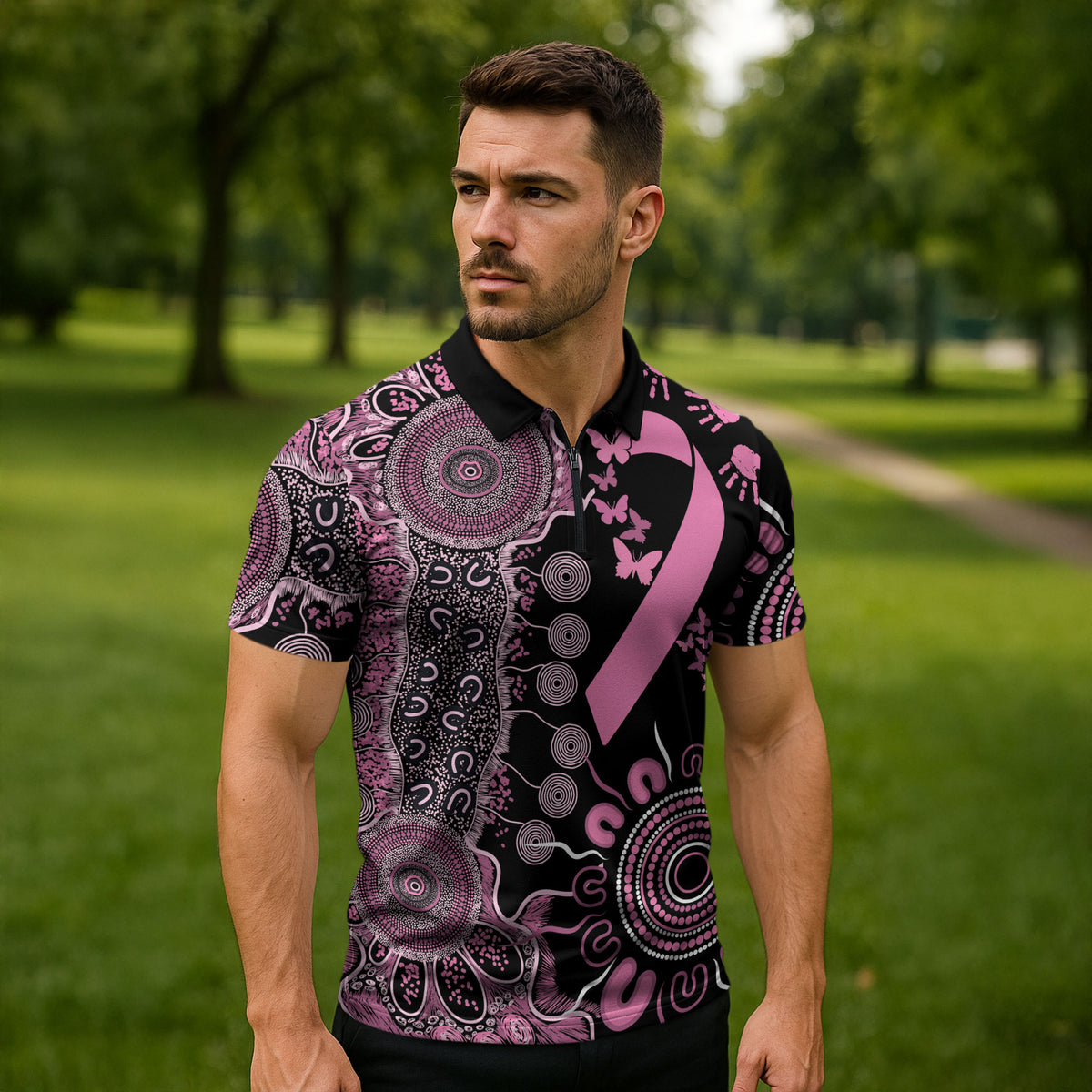 Personalised Aboriginal Pink Ribbons Zipper Polo Shirt Beautiful Butterflies Breast Cancer Support