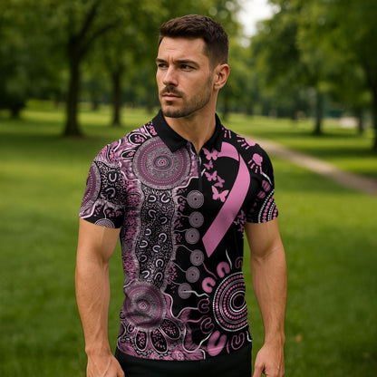 Personalised Aboriginal Pink Ribbons Zipper Polo Shirt Beautiful Butterflies Breast Cancer Support