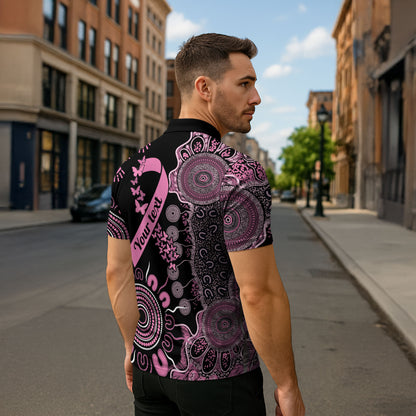 Personalised Aboriginal Pink Ribbons Zipper Polo Shirt Beautiful Butterflies Breast Cancer Support