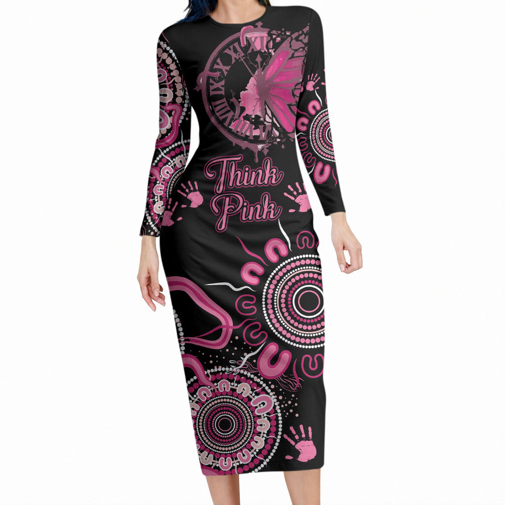 Personalised Aboriginal Pink Ribbons Long Sleeve Bodycon Dress Think Pink Butterfly Art Wall Clock Breast Cancer Support