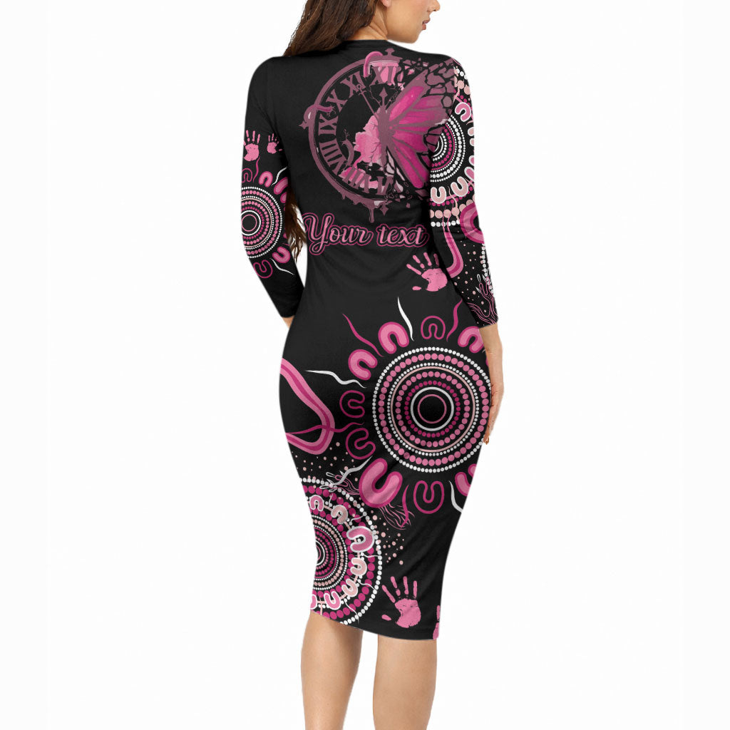 Personalised Aboriginal Pink Ribbons Long Sleeve Bodycon Dress Think Pink Butterfly Art Wall Clock Breast Cancer Support