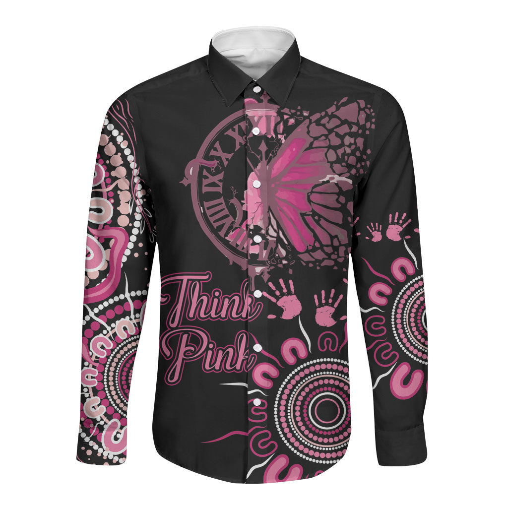 Personalised Aboriginal Pink Ribbons Long Sleeve Button Shirt Think Pink Butterfly Art Wall Clock Breast Cancer Support